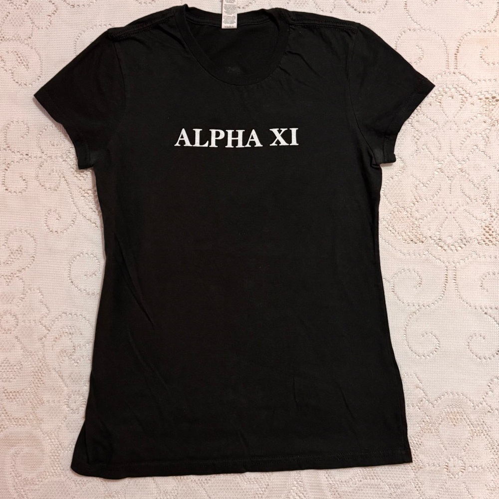 Alpha Xi, District Women's Black Tee with White Alpha XI Print,